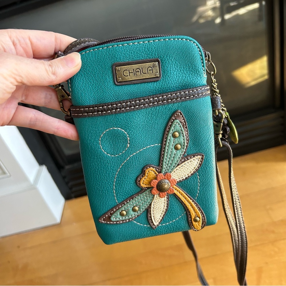 Chala Dragonfly Convertible Pouch, Purse, Crossbody Bag with Charms, Teal, Brown